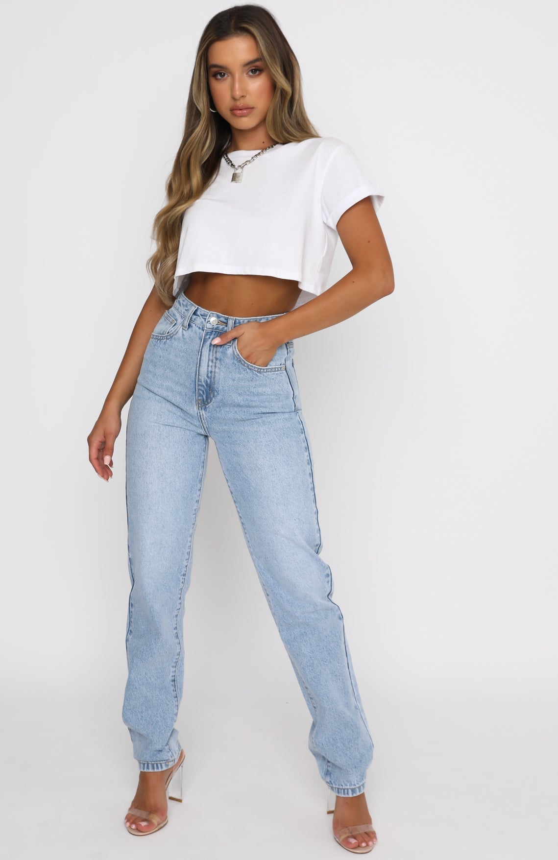 White Fox Who's That Girl Straight Leg Denim Jeans Washed Blue