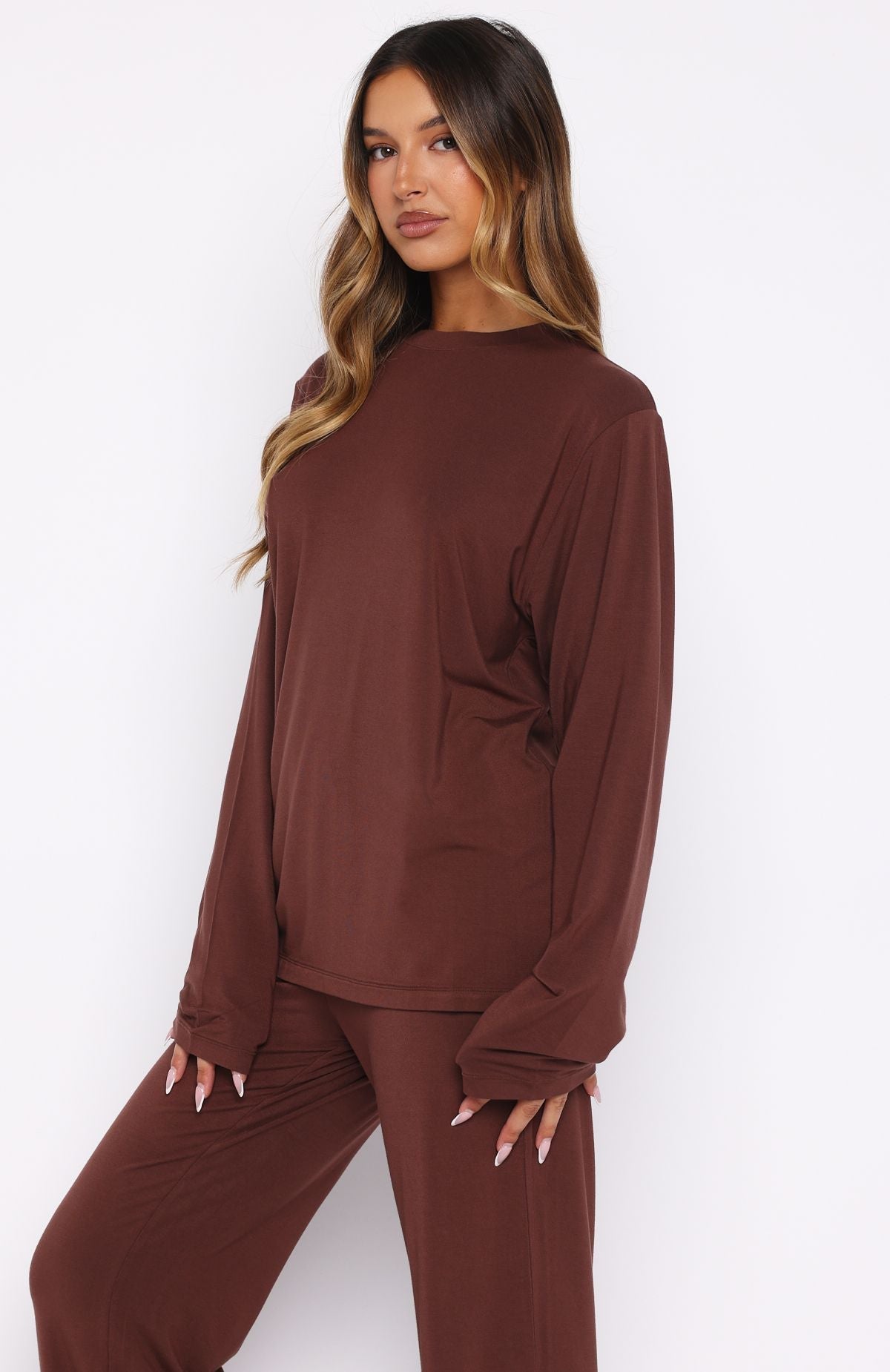 White Fox Slow Life Long Sleeve Pyjama Top Chocolate