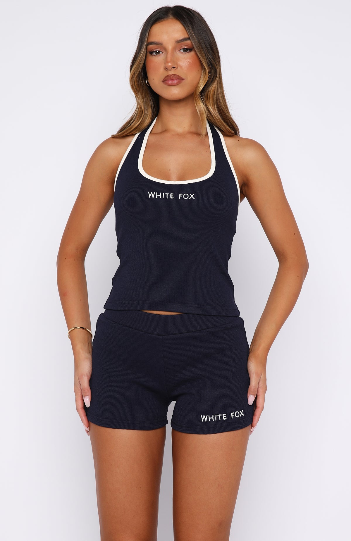 White Fox Doing My Best Ribbed Halter Top Navy