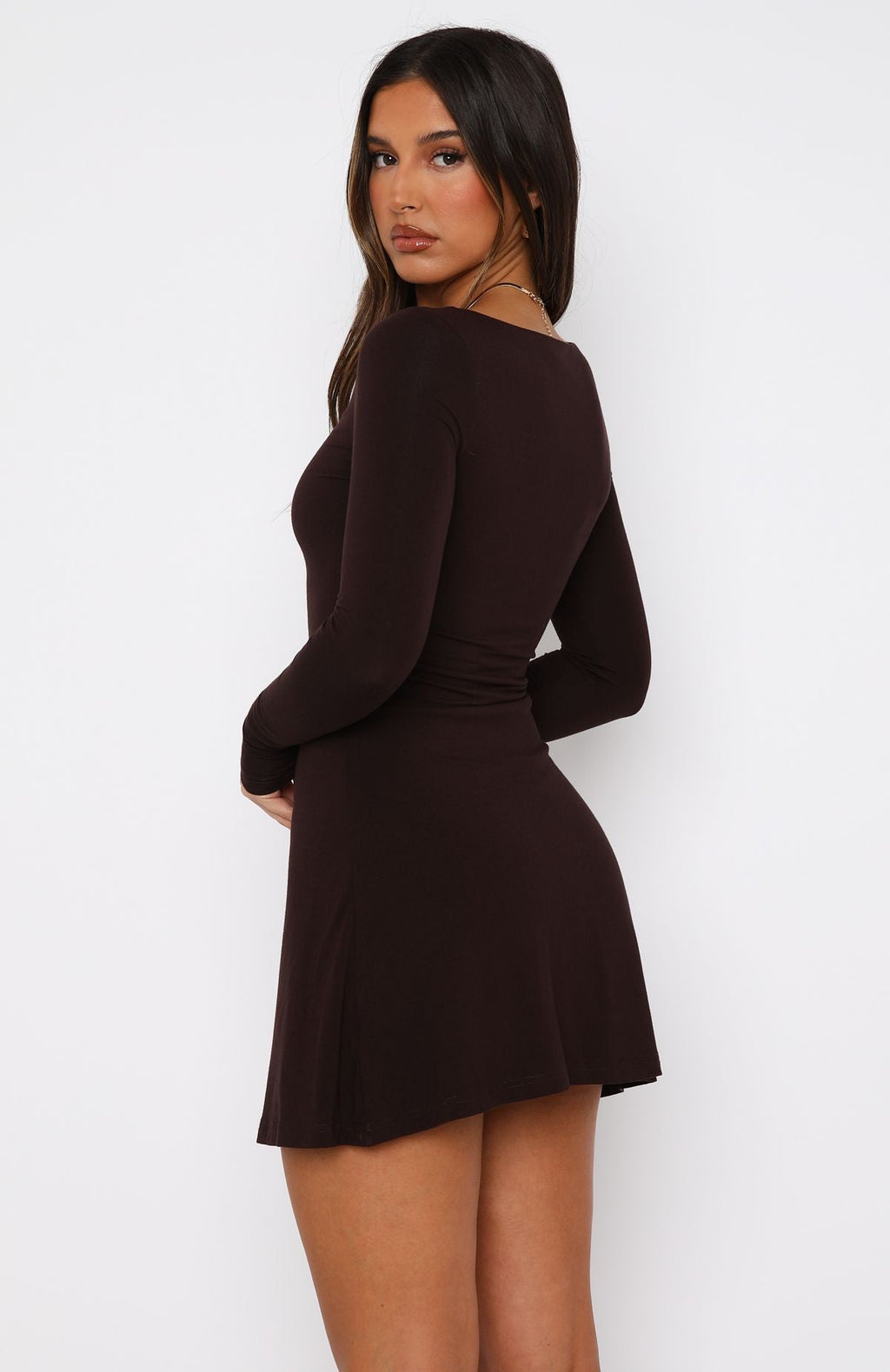 White Fox Not The Same Long Sleeve Mini Dress Dark Chocolate