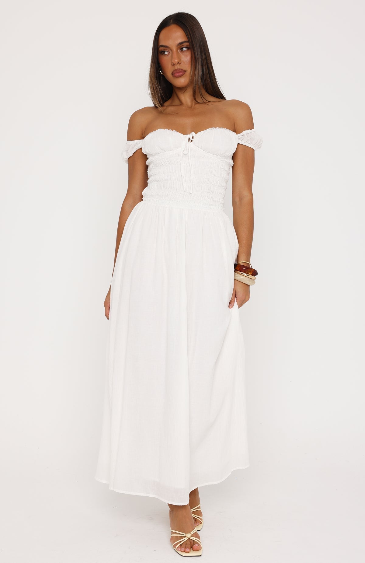 White Fox High Views Off Shoulder Maxi Dress White