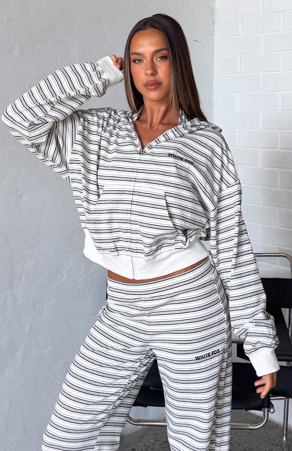 White Fox Looking Back Boxy Zip Front Hoodie White Stripe
