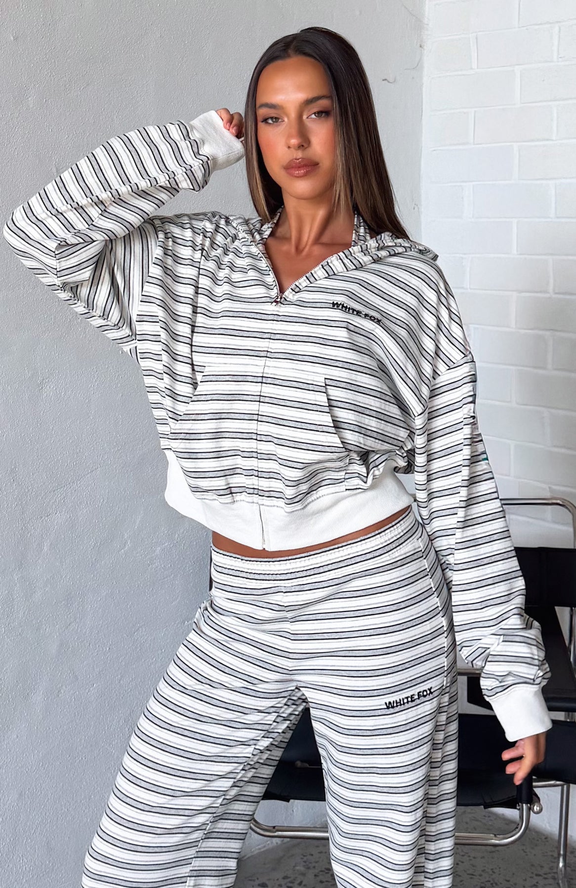 White Fox Looking Back Boxy Zip Front Hoodie White Stripe
