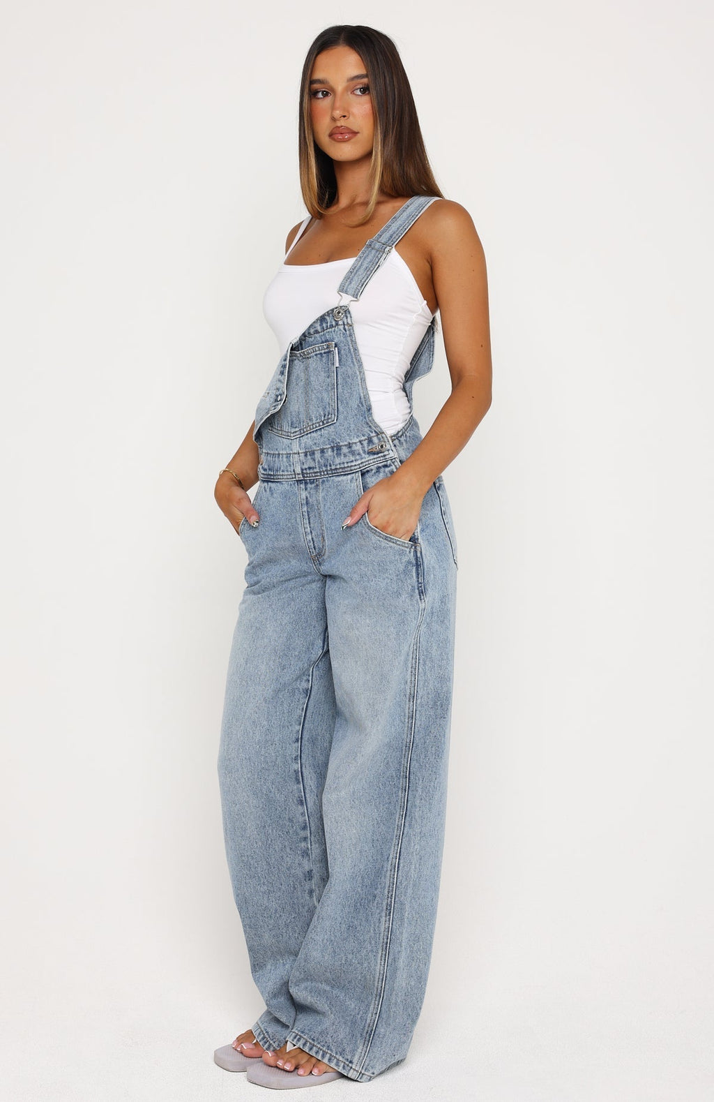 White Fox This Isn't Working Denim Overall Jumpsuit Vintage Ice Blue