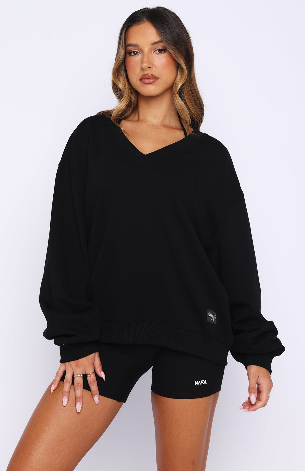 White Fox Shutting It Down V Neck Oversized Sweater Black
