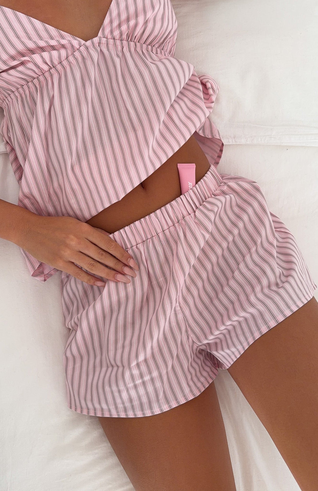 White Fox Sleepy Head Pyjama Shorts Pink/Grey Stripe