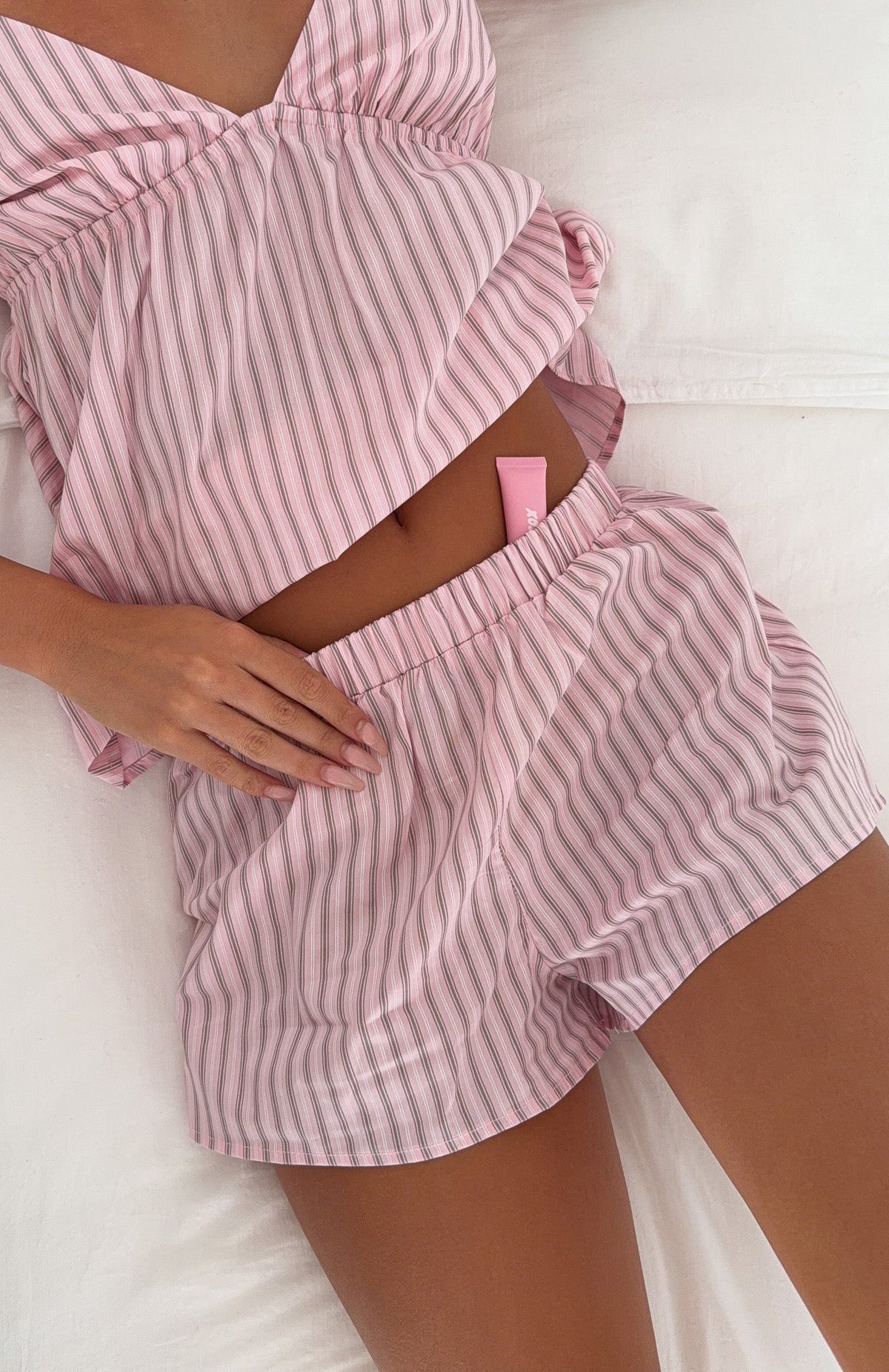 White Fox Sleepy Head Pyjama Shorts Pink/Grey Stripe