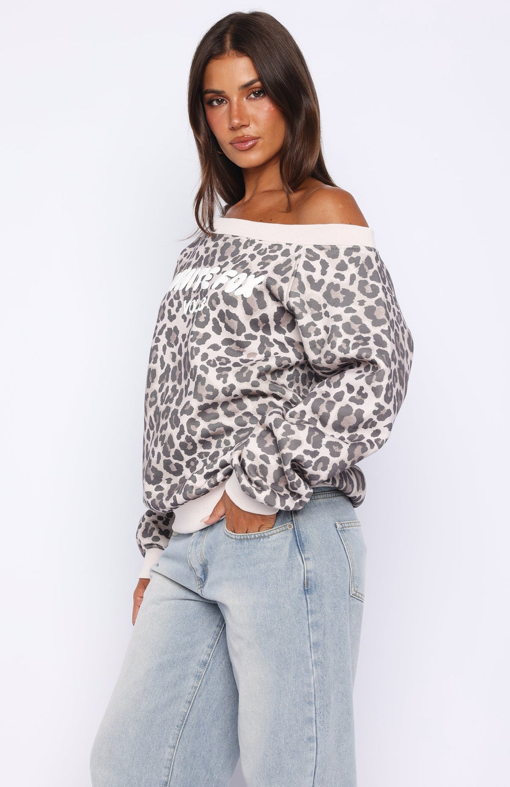 White Fox Offstage Printed Off Shoulder Sweater Leopard