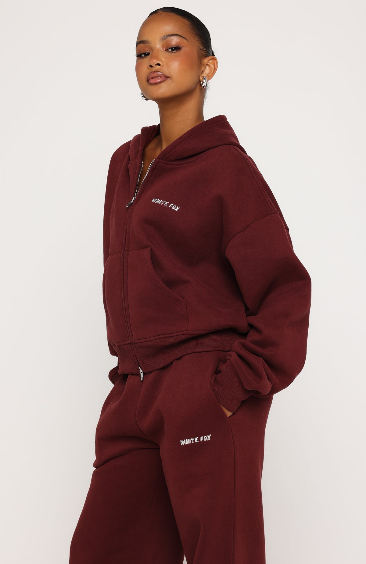 White Fox Test Drive Boxy Zip Front Hoodie Dark Cherry