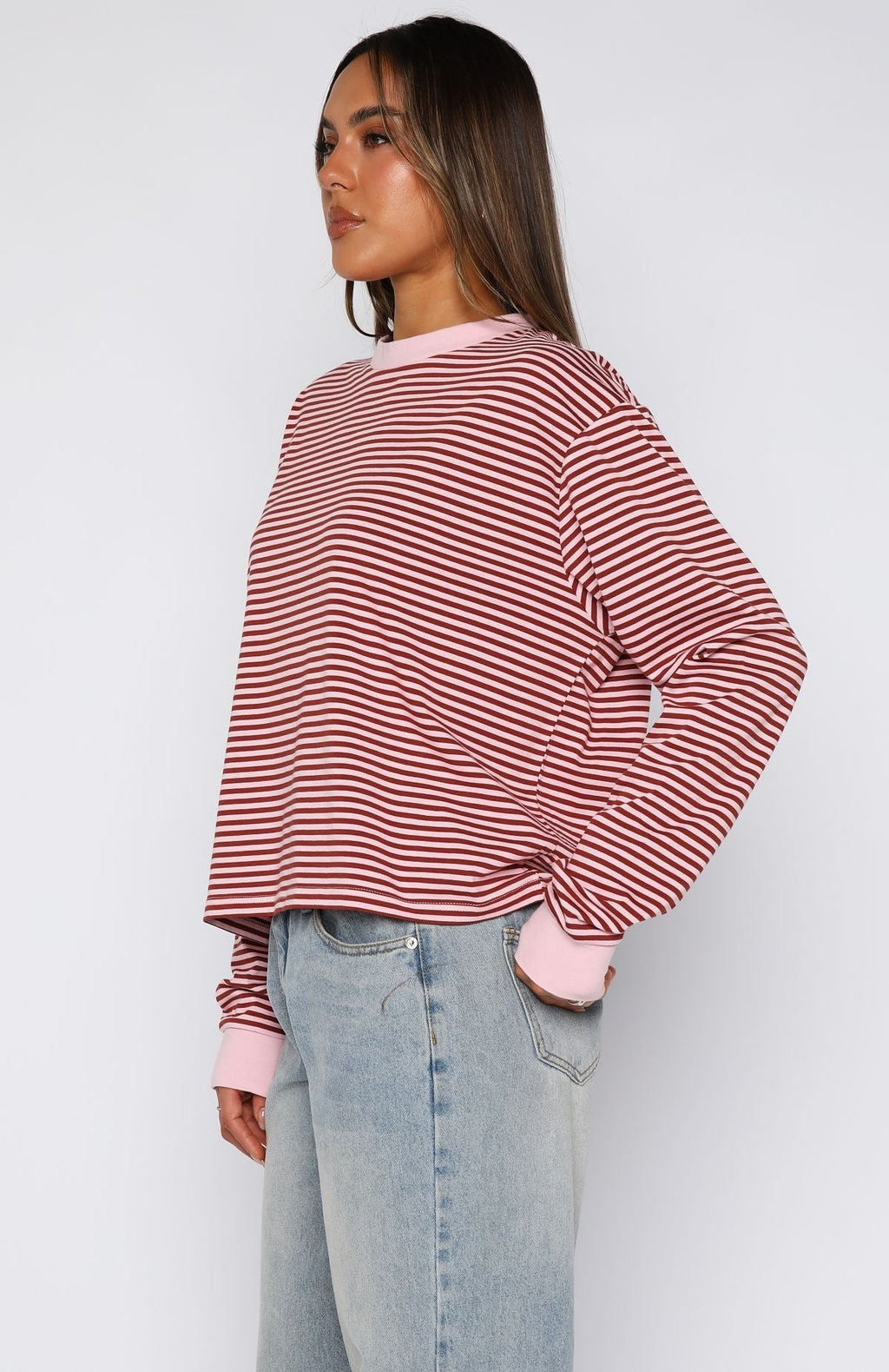 White Fox Touchdown Long Sleeve Tee Pink Stripe