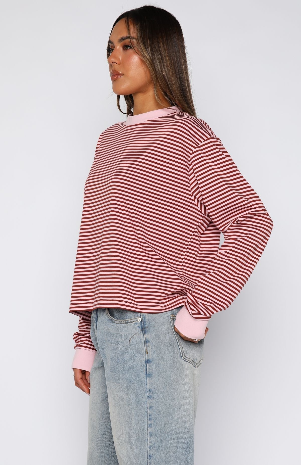 White Fox Touchdown Long Sleeve Tee Pink Stripe