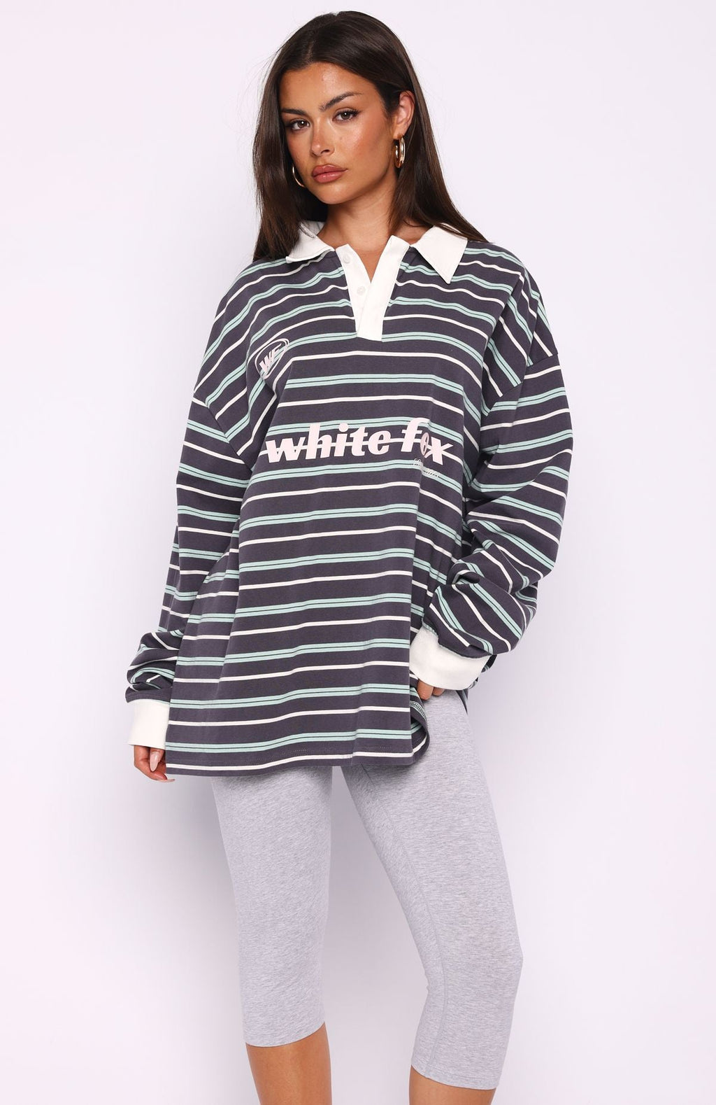White Fox Gentle Affection Long Sleeve Rugby Shirt Grey/Mint Stripe
