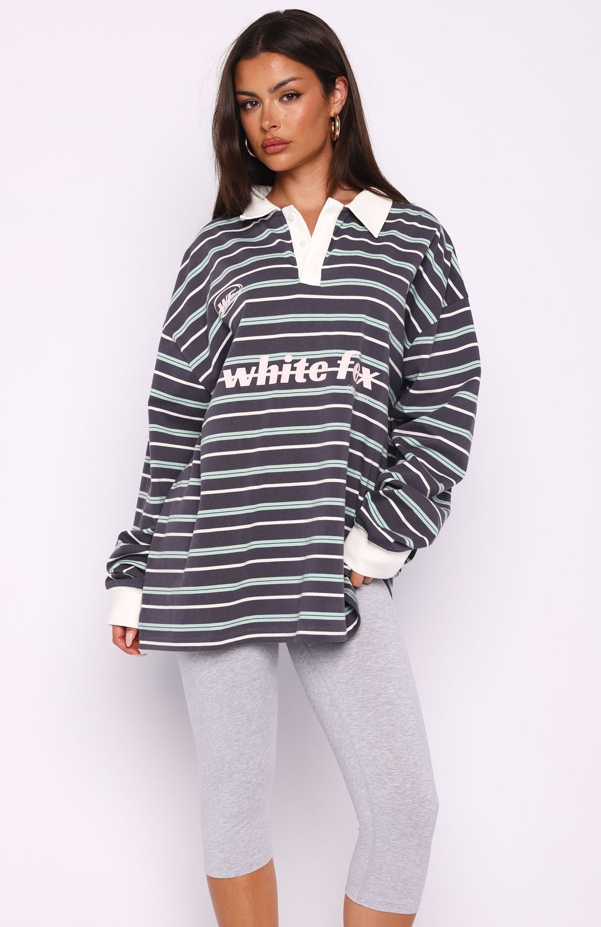 White Fox Gentle Affection Long Sleeve Rugby Shirt Grey/Mint Stripe