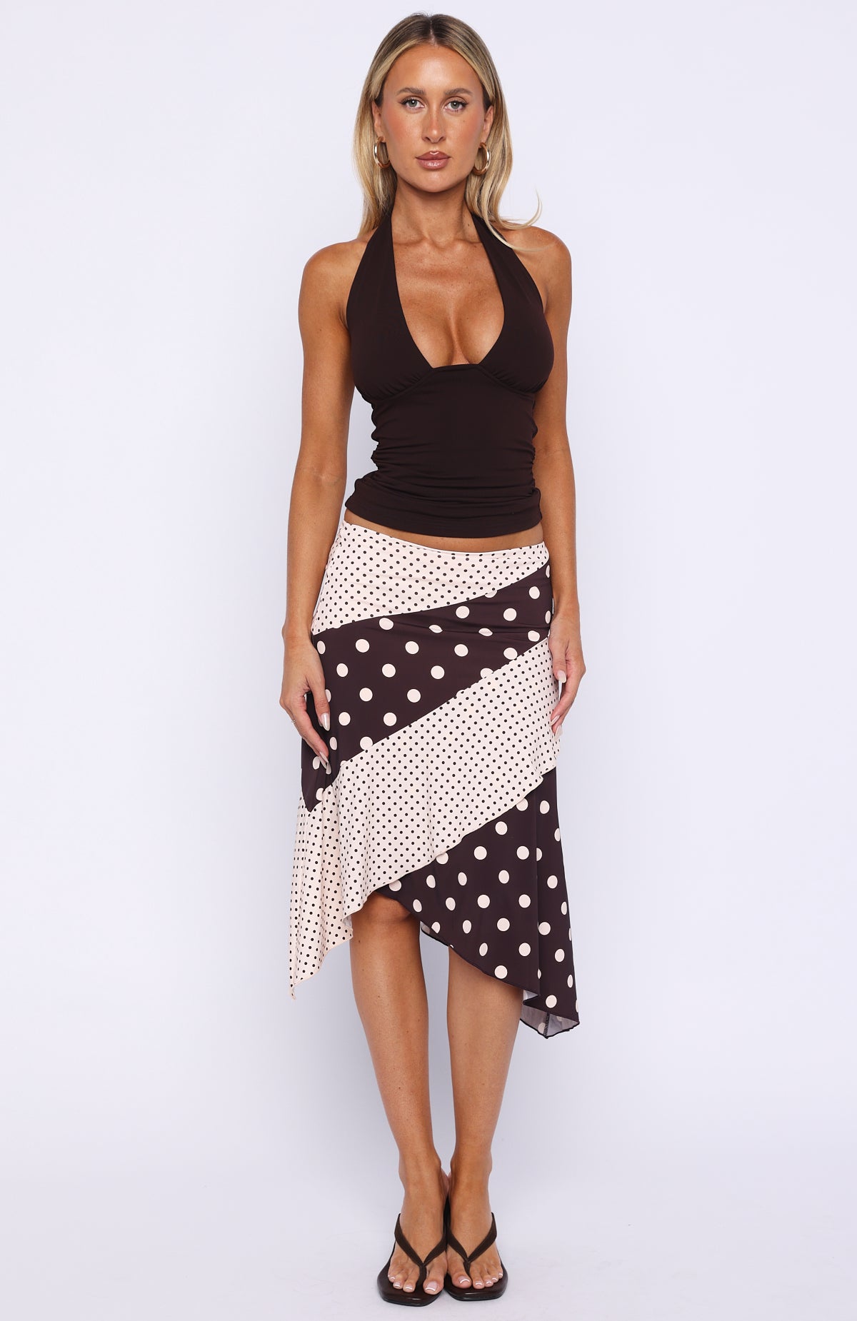 White Fox Offline Forever Midi Skirt Choc/Cream Polka Dot