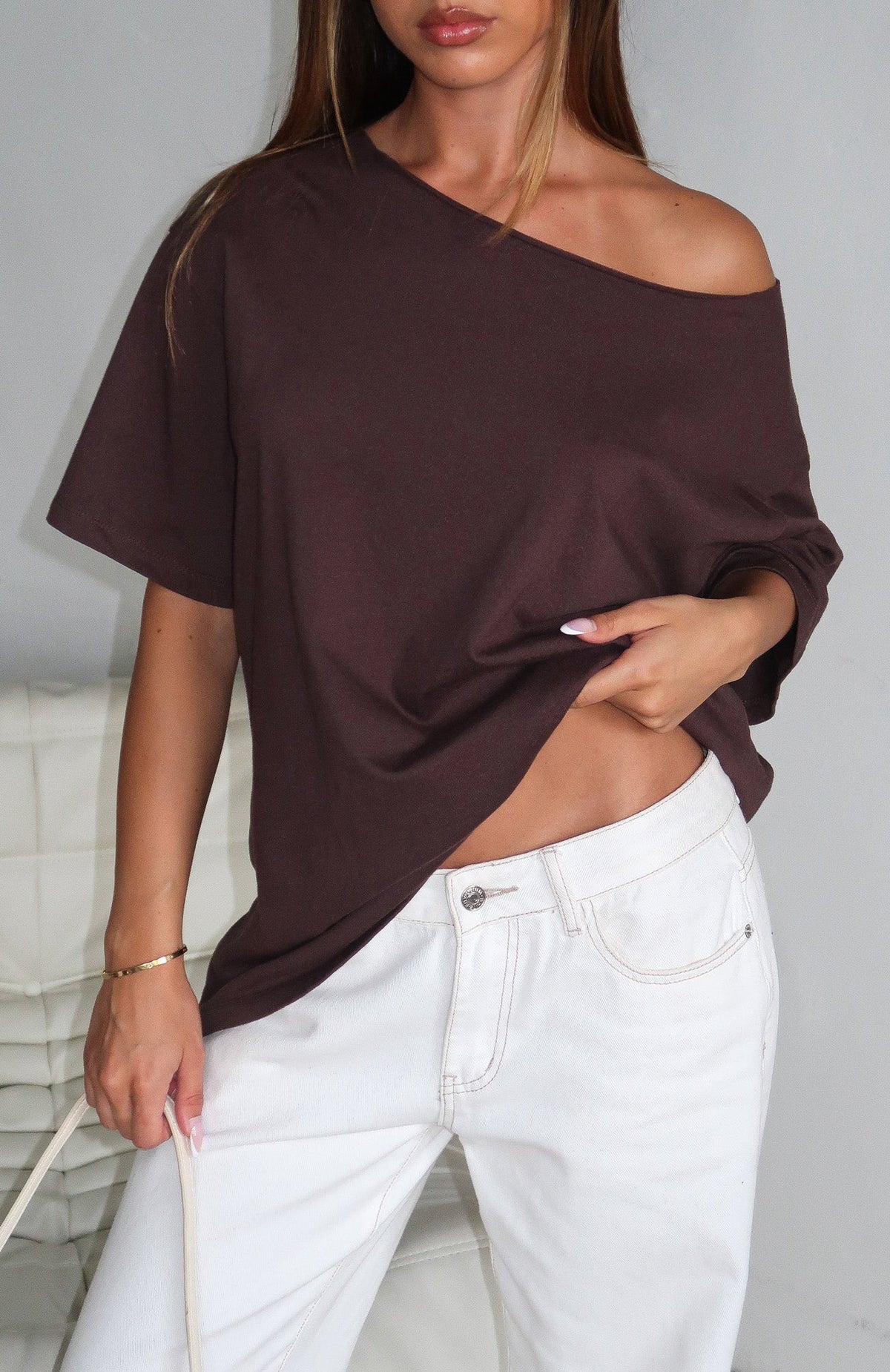 White Fox Give Me Options Off Shoulder Tee Chocolate