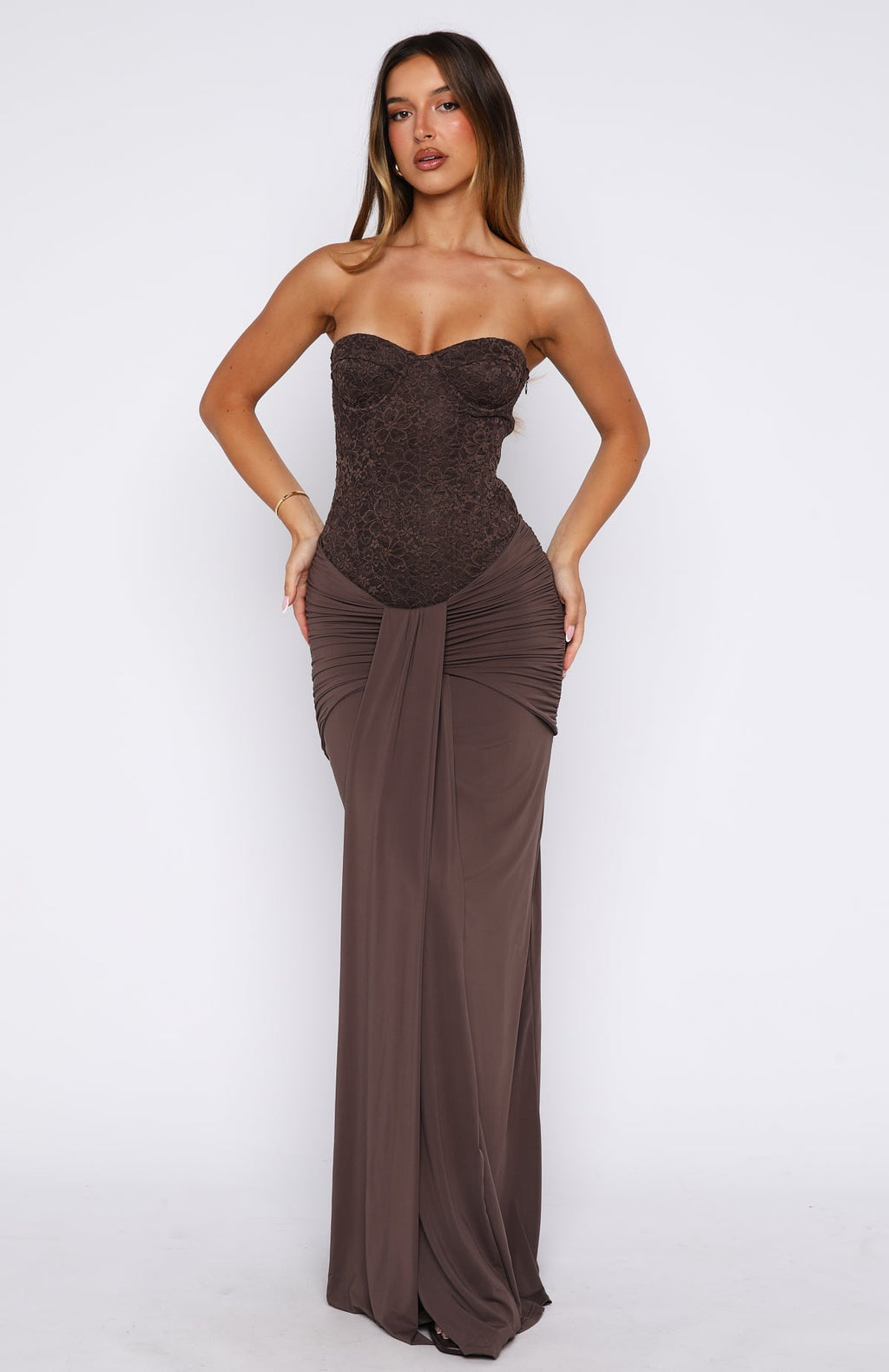 White Fox Kiss The Girl Strapless Maxi Dress Chocolate