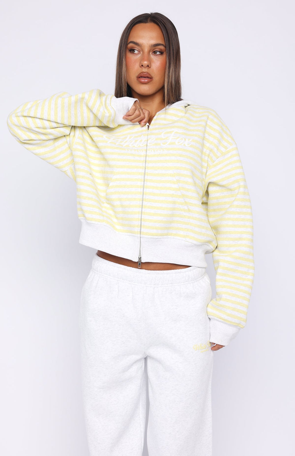 White Fox Verano Sixteen Maria Boxy Zip Front Hoodie Grey Marle/Lemon Stripe
