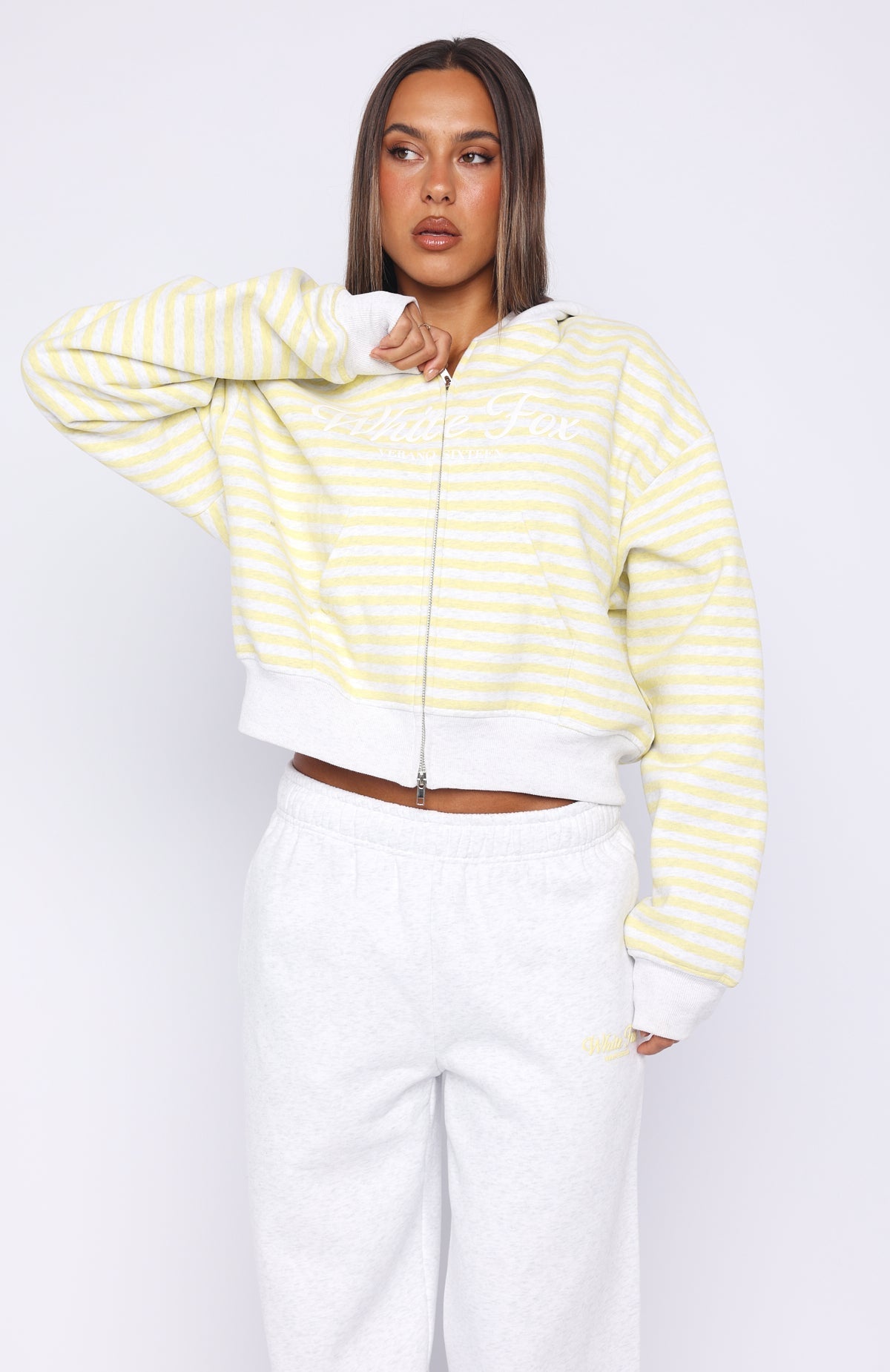 White Fox Verano Sixteen Maria Boxy Zip Front Hoodie Grey Marle/Lemon Stripe