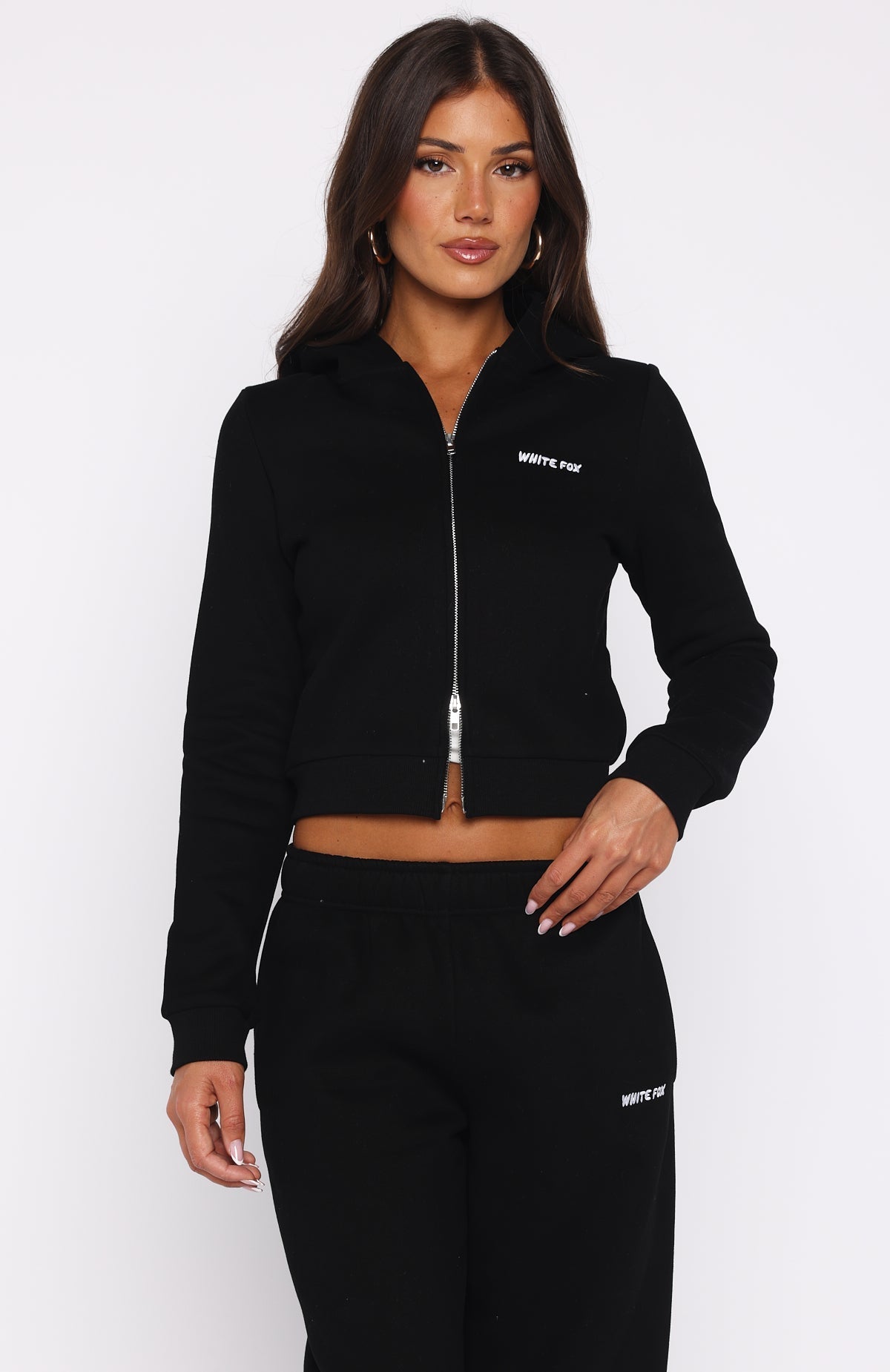 White Fox Comfy And Cute Slim Zip Front Hoodie Black
