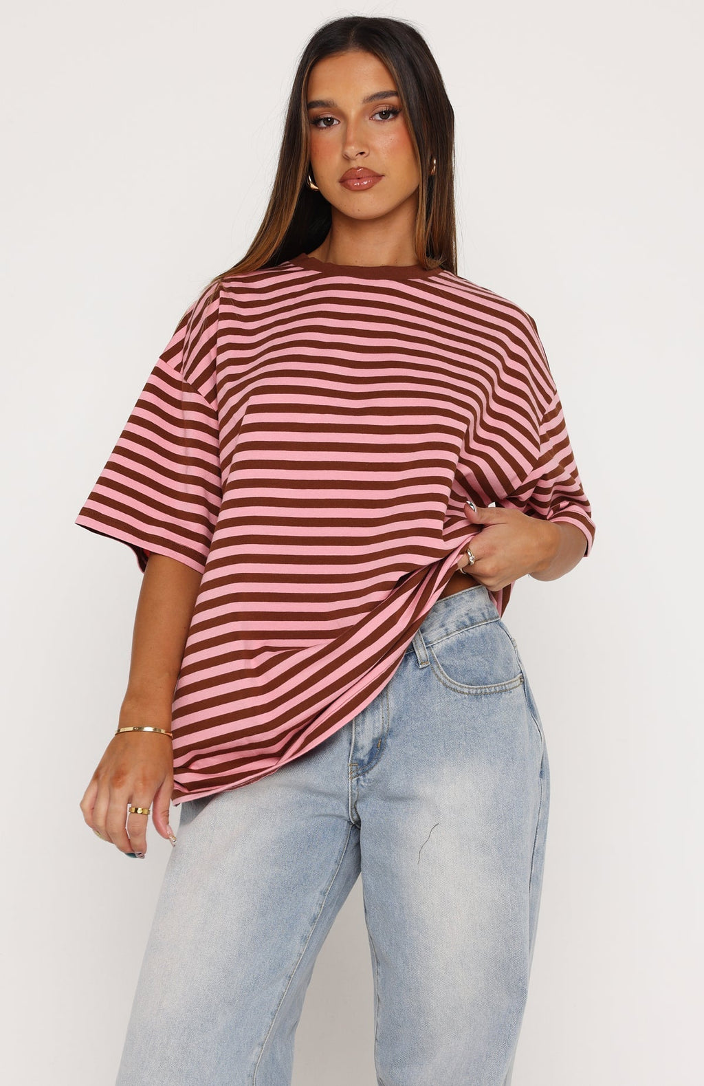 White Fox Touchdown Oversized Tee Brown/Pink Stripe