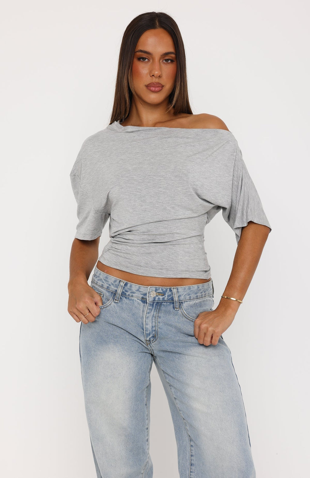 White Fox Hype Girl Cinched Waist Off Shoulder Top Grey Marle