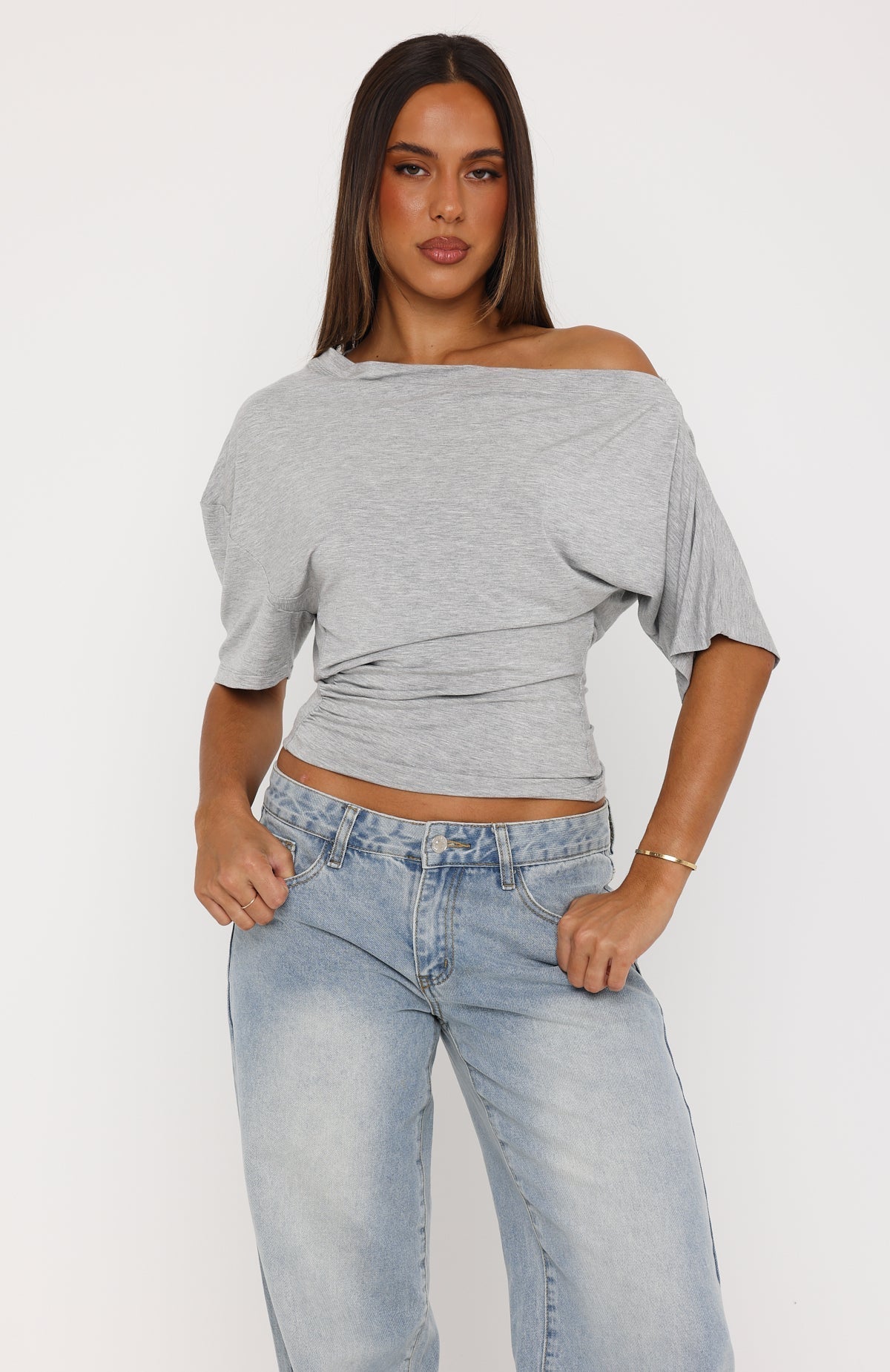 White Fox Hype Girl Cinched Waist Off Shoulder Top Grey Marle