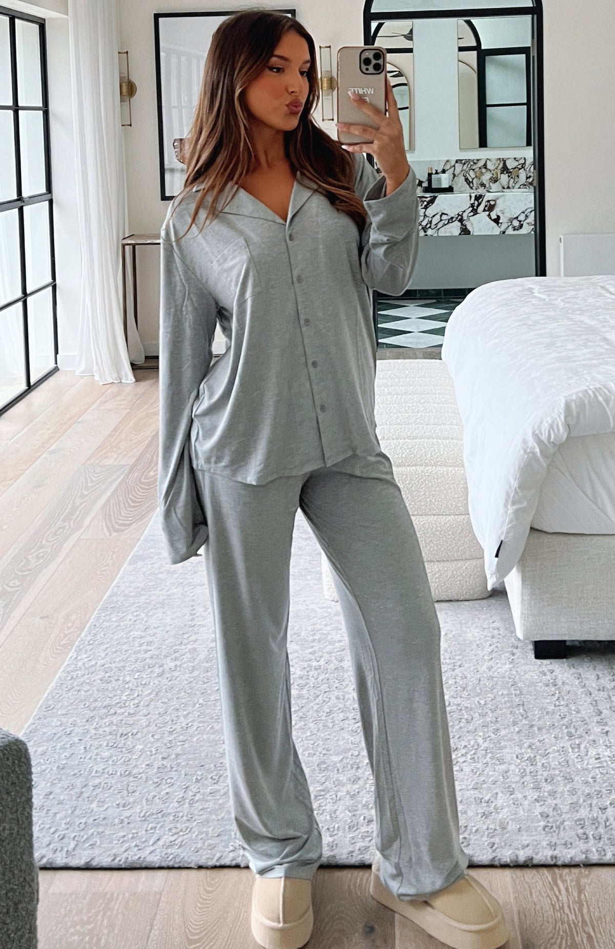 White Fox Pillow Talk Long Sleeve Pyjama Set Grey Marle