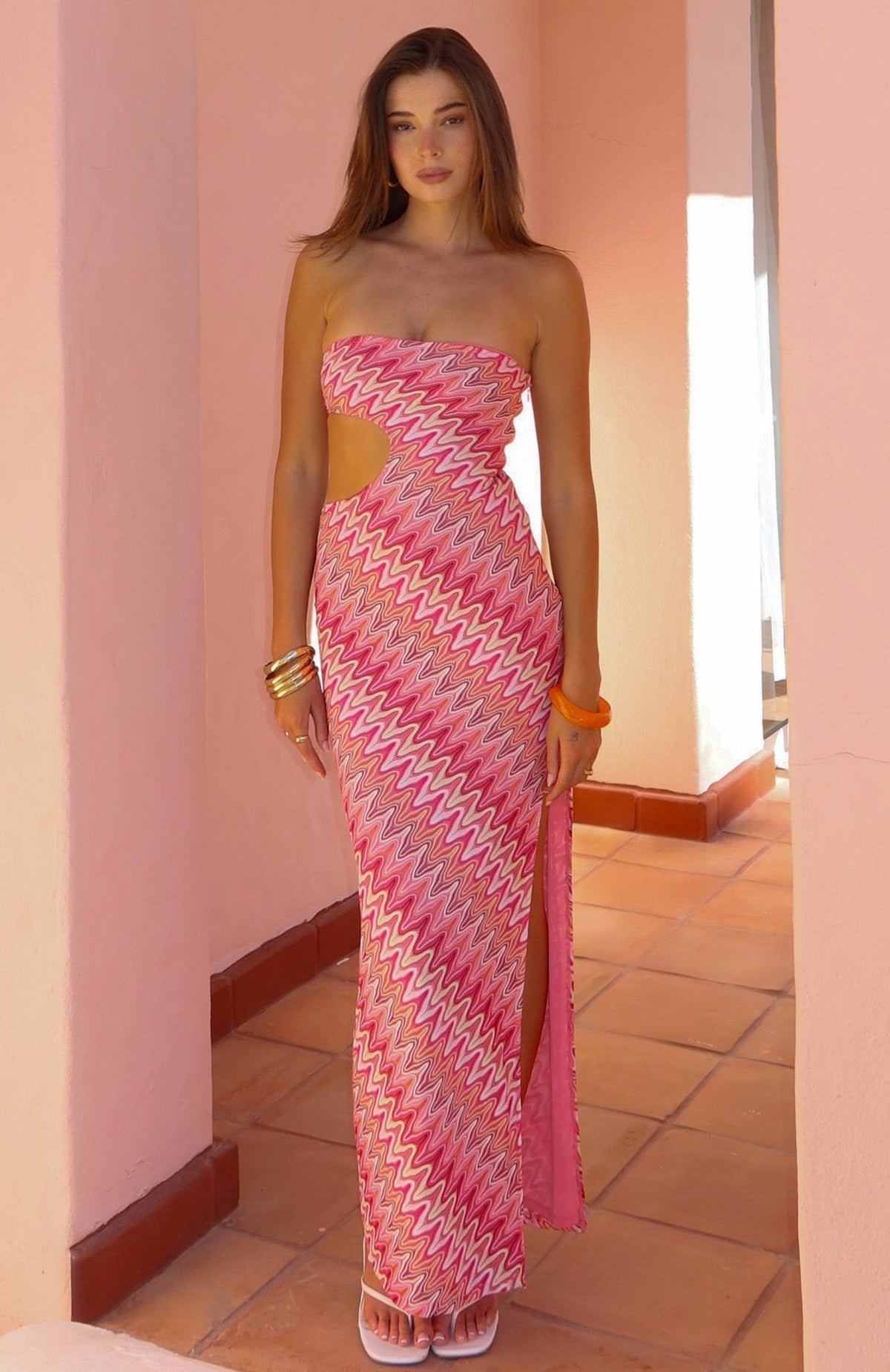 White Fox Flirt Mode Strapless Maxi Dress Sunrise Waves