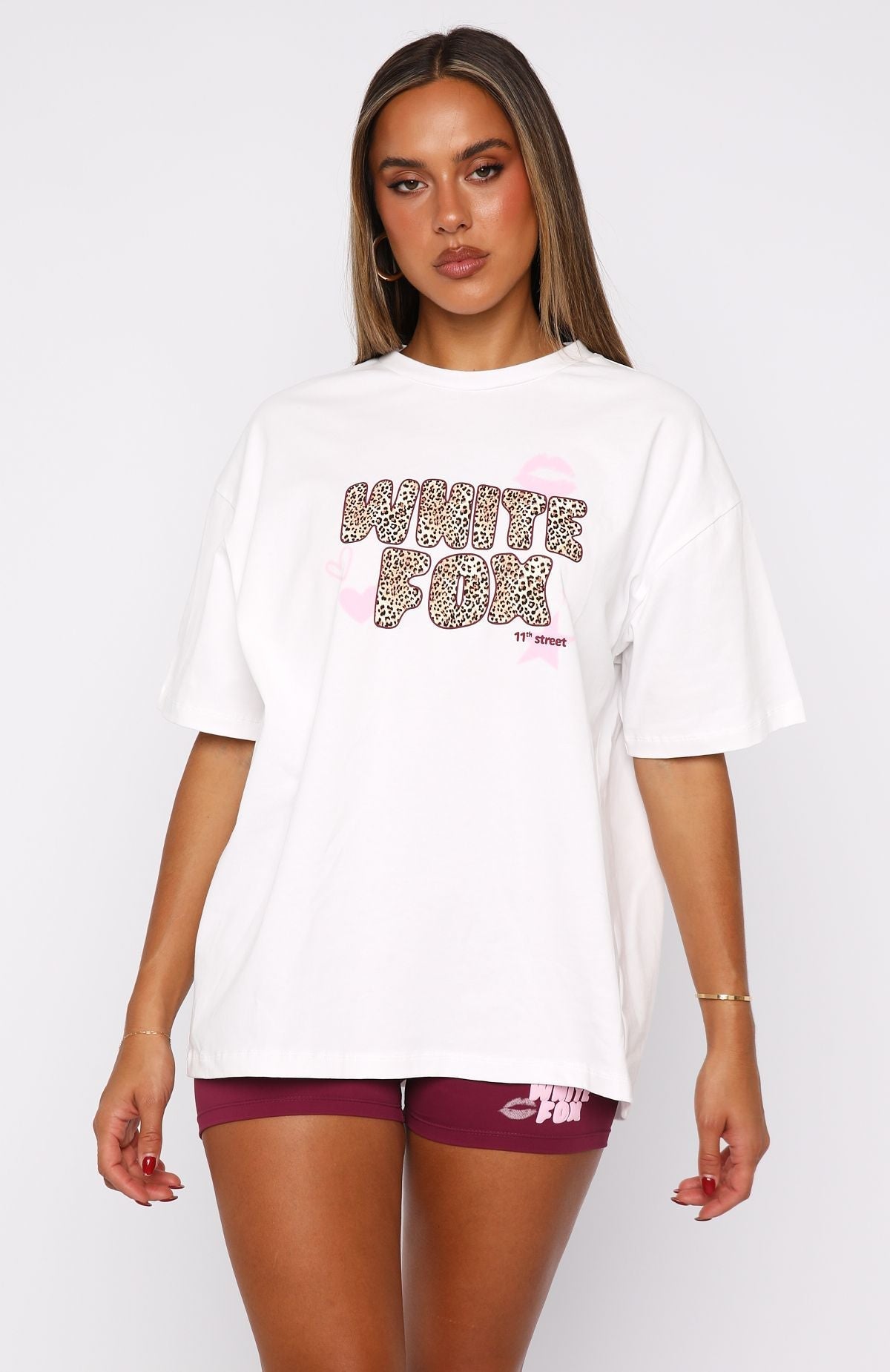 White Fox 11th Street She's So Lucky Oversized Tee Leopard Splice