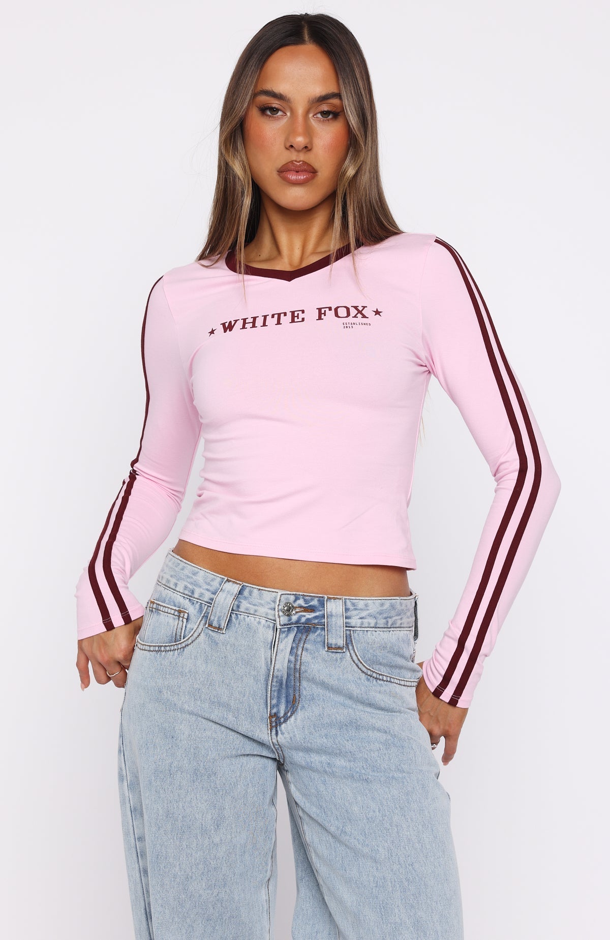 White Fox Star Of The Night Long Sleeve V Neck Baby Tee Pink