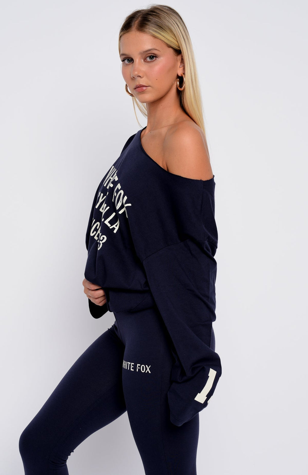 White Fox Topic Of Discussion Off Shoulder Oversized Long Sleeve Tee Navy