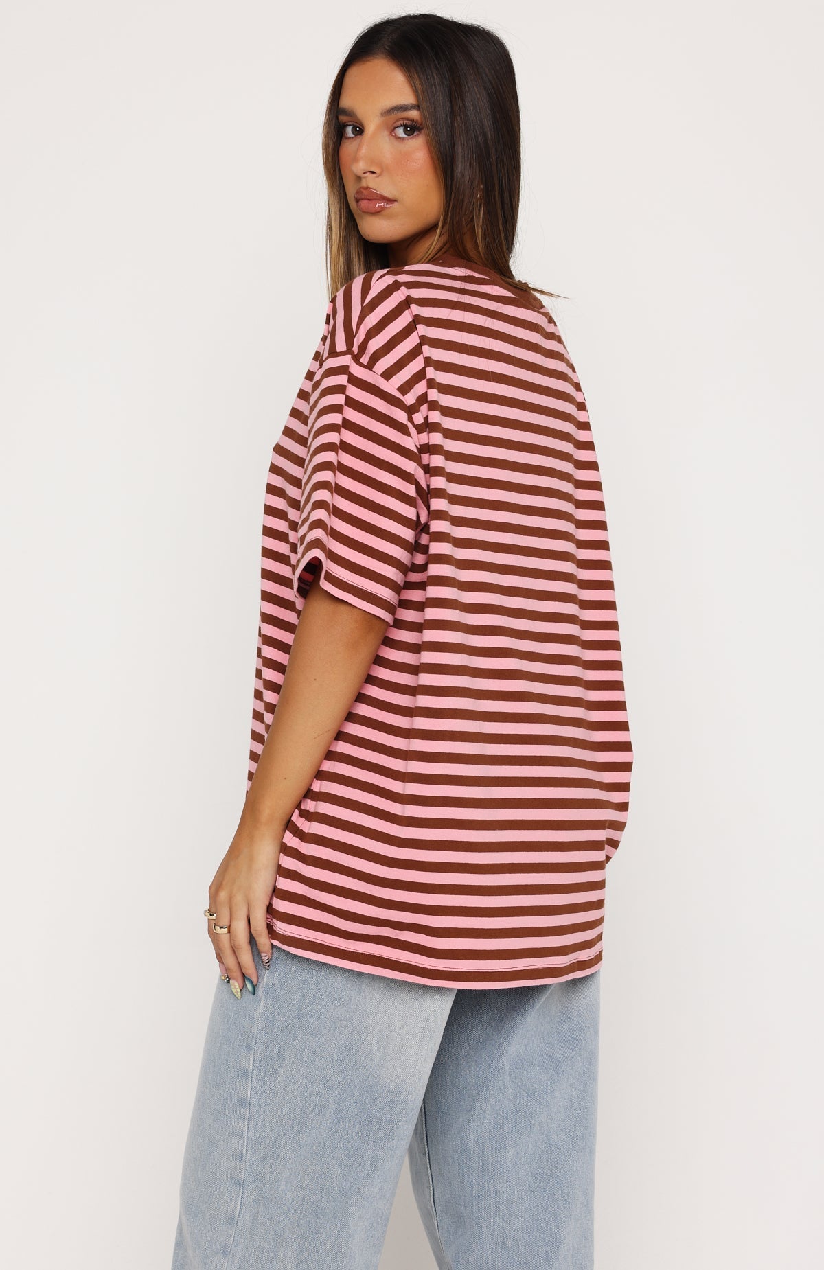 White Fox Touchdown Oversized Tee Brown/Pink Stripe