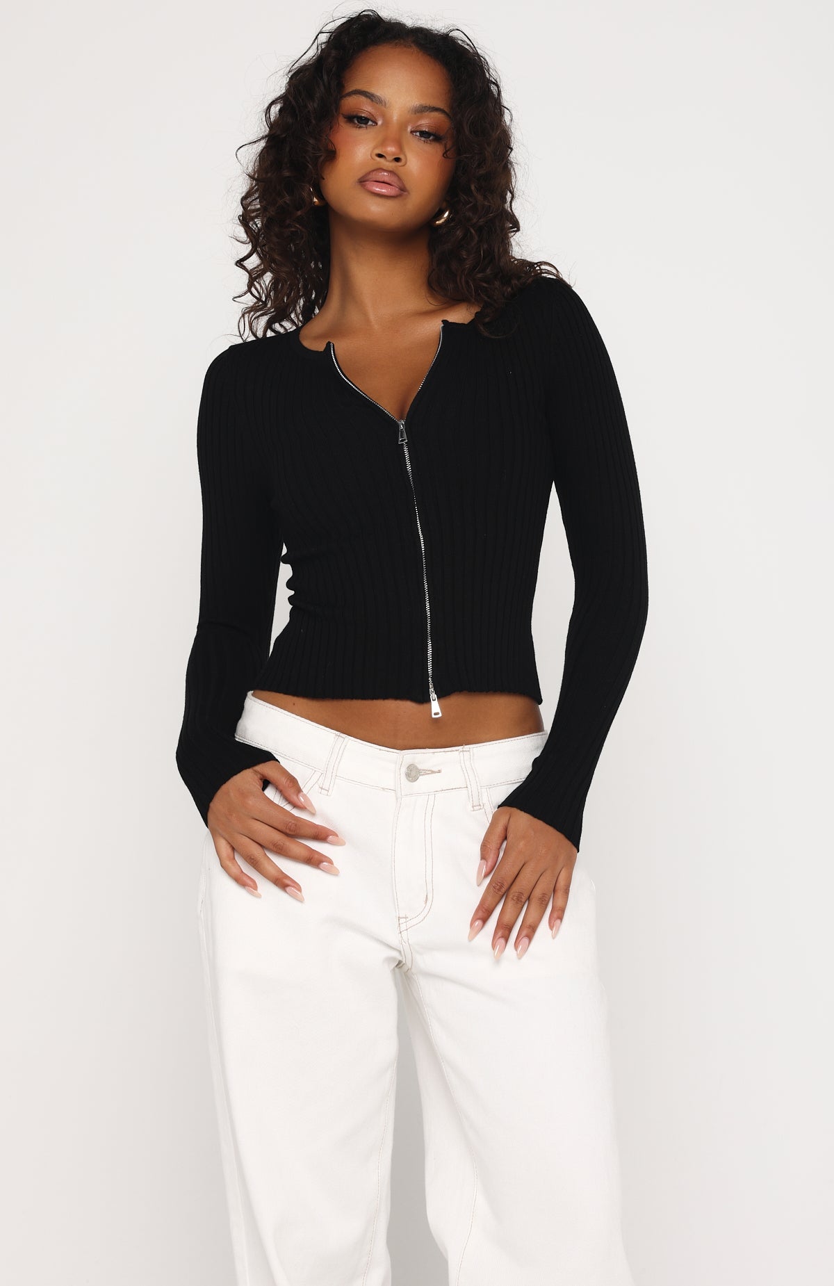 White Fox Fine Wine Long Sleeve Knit Top Black