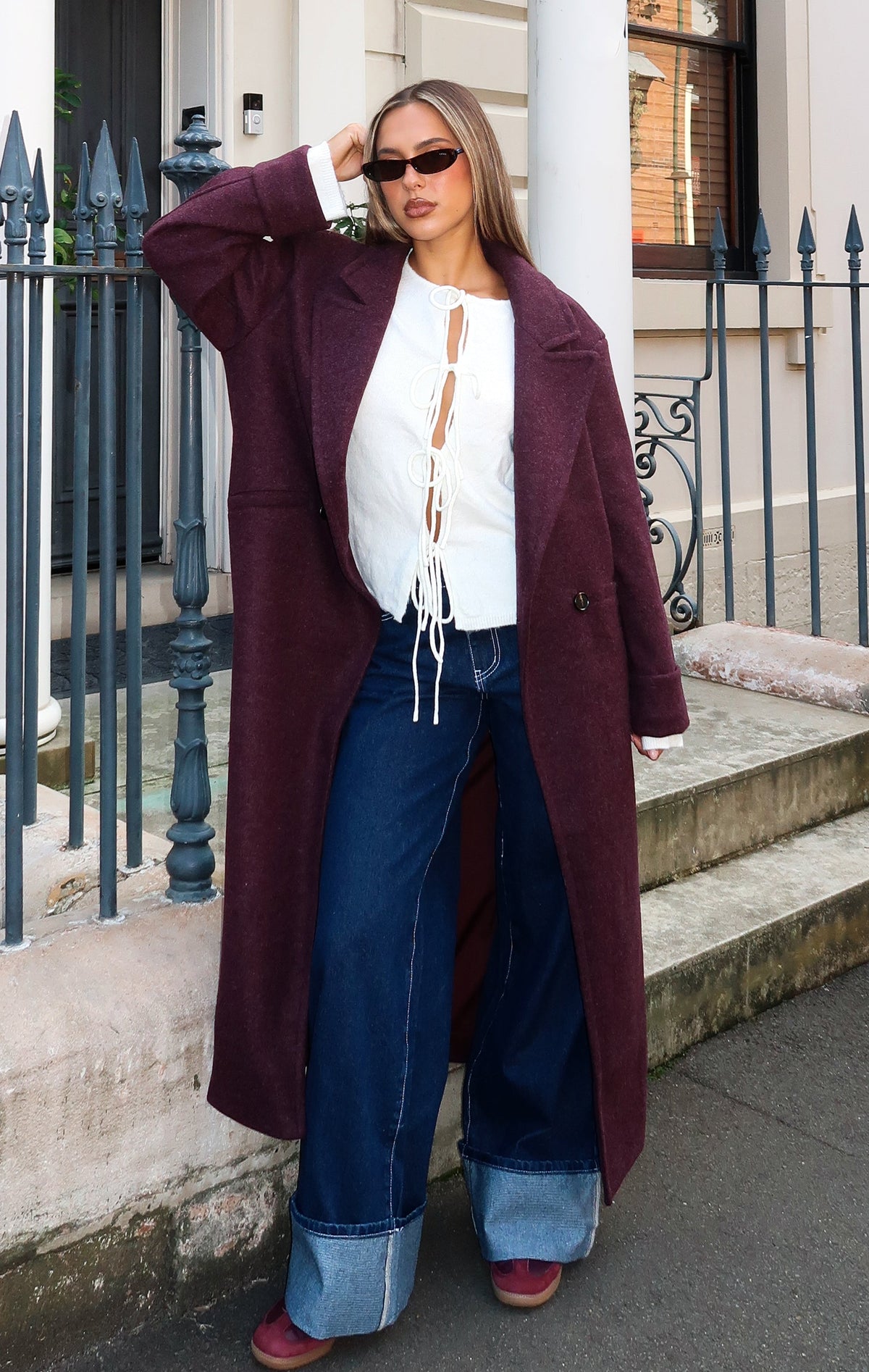 White Fox Winter Holiday Oversized Coat Burgundy