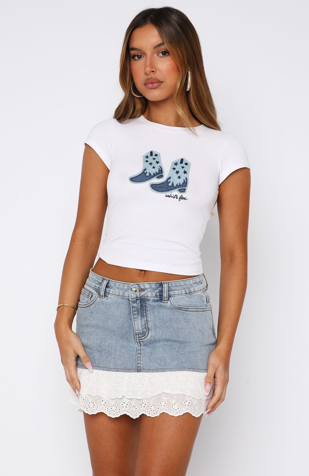White Fox Run It Up Frill Denim Mini Skirt Light Blue Wash