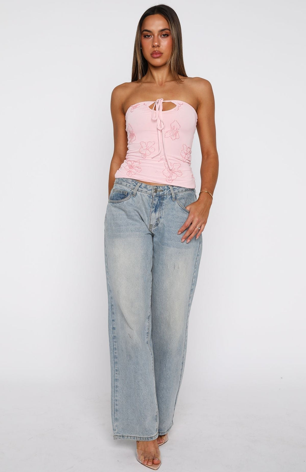 White Fox Glow Season Beaded Strapless Top Baby Pink