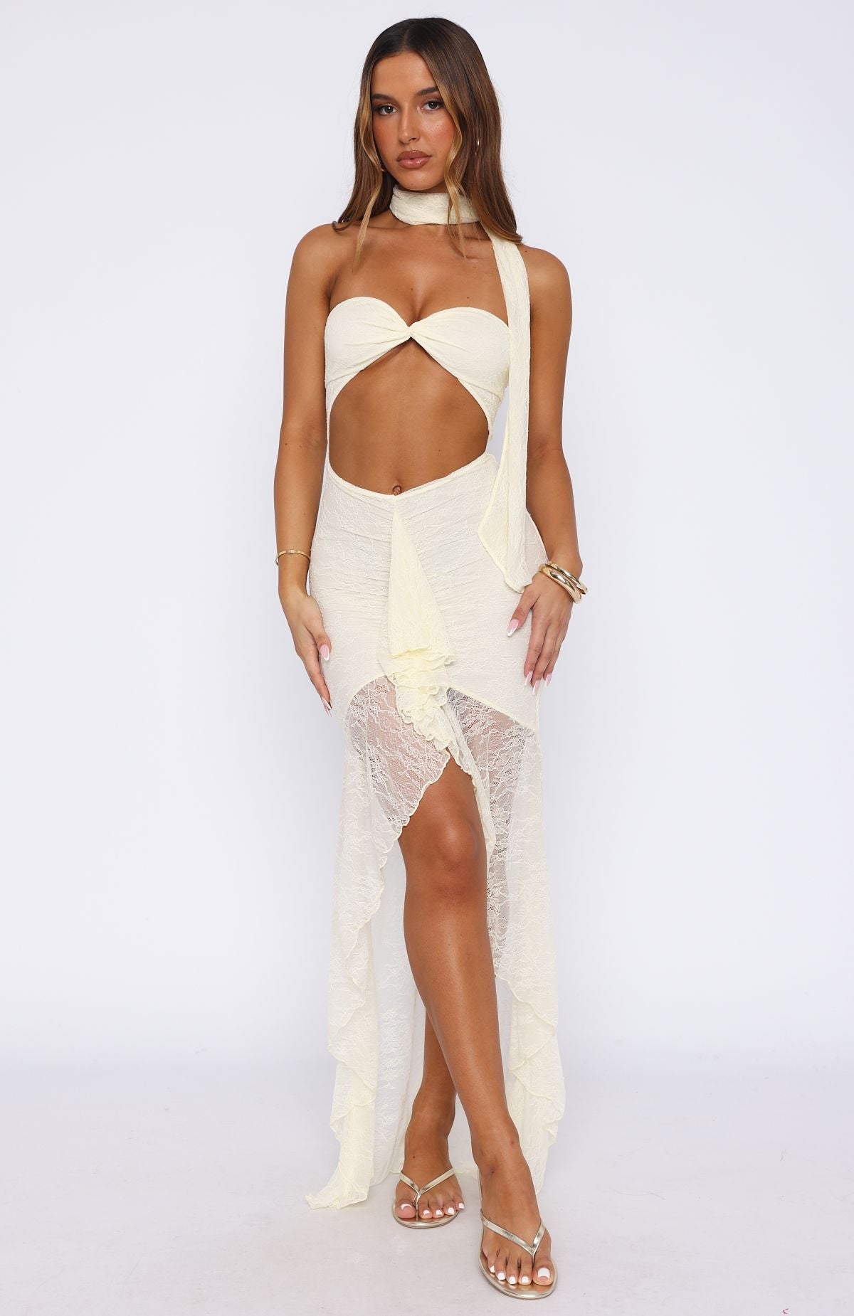 White Fox Inner Goddess Lace Maxi Dress Lemon