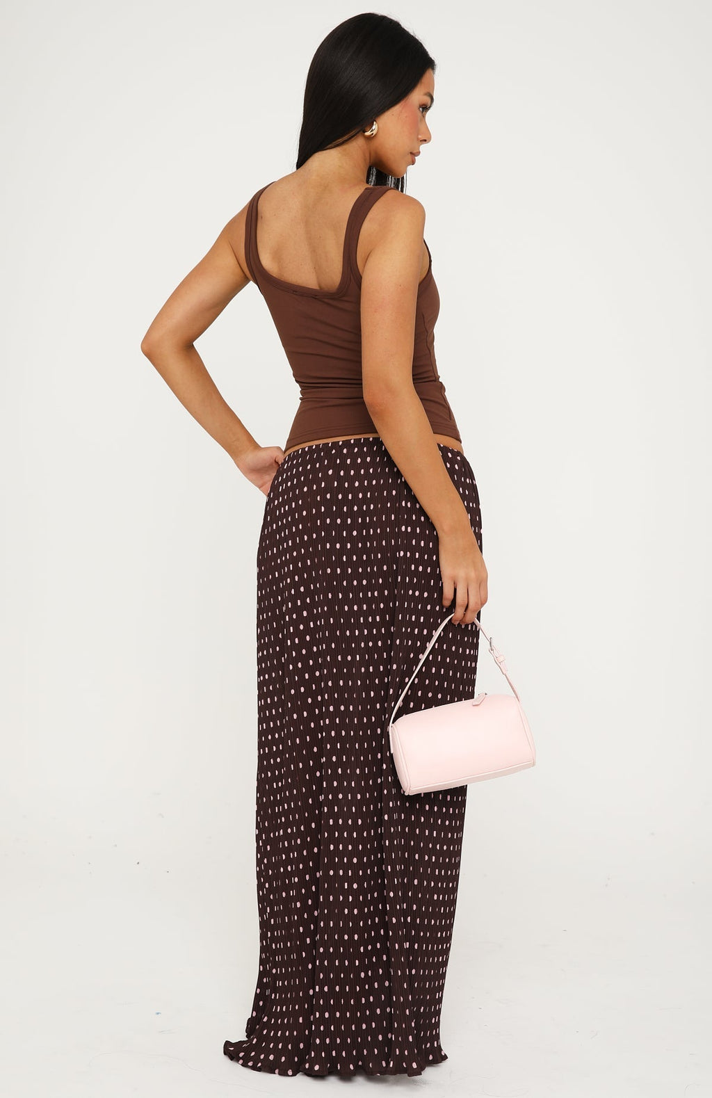 White Fox Flow State Maxi Skirt Choc/Pink Polka Dot