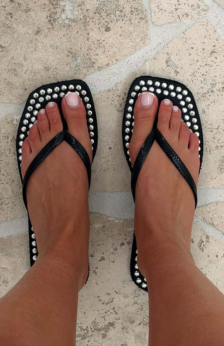 White Fox Eyre Studded Thong Sandals Black