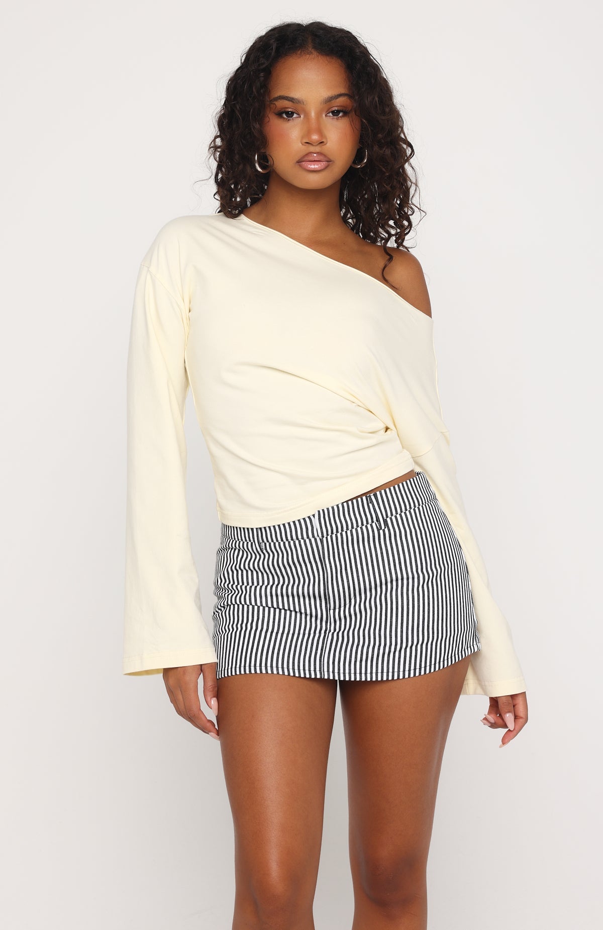 White Fox Falling For Him Cinched Waist Off Shoulder Long Sleeve Top Butter