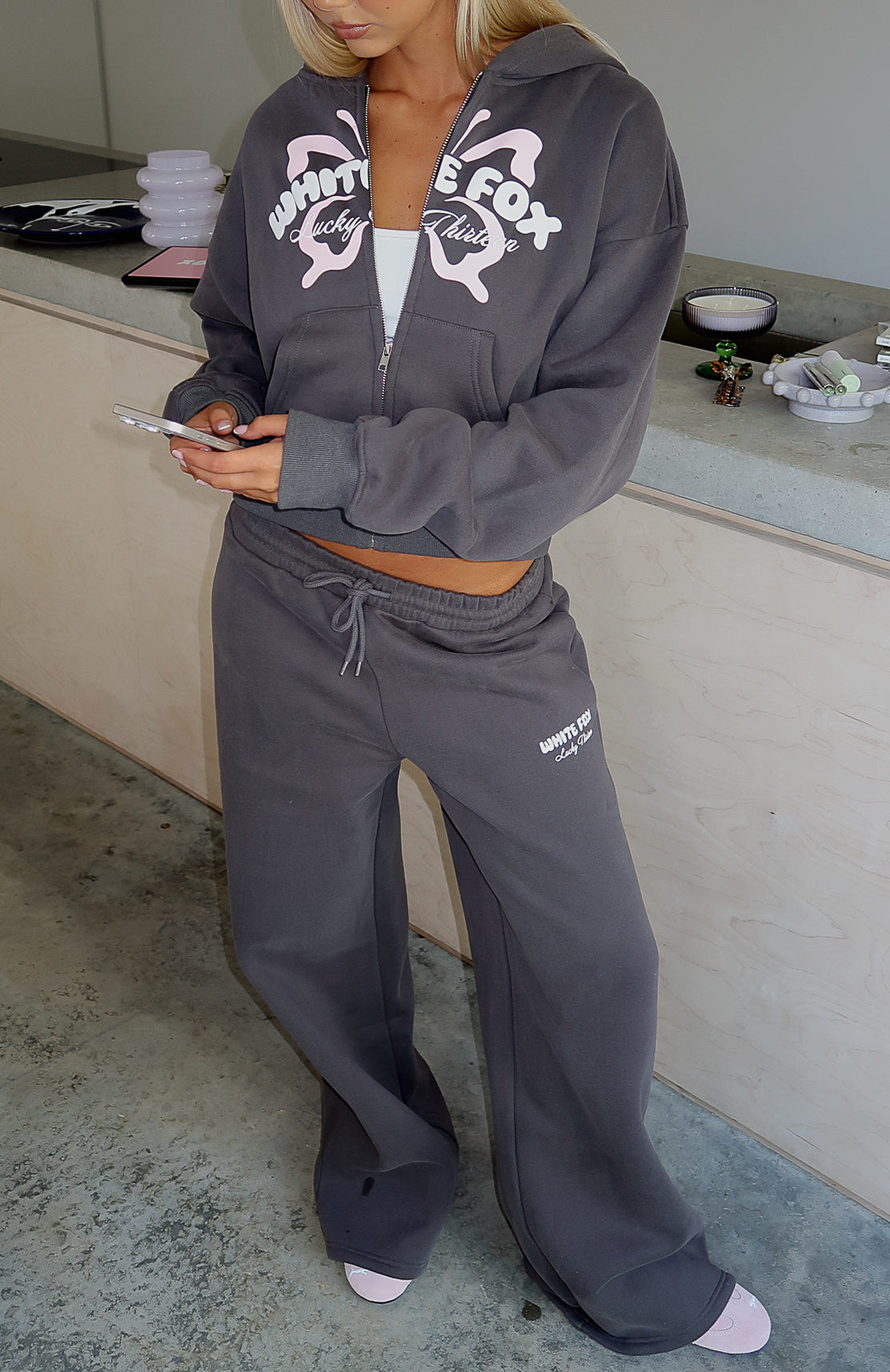 White Fox Lucky Thirteen Audrina Wide Leg Sweatpants Volcanic