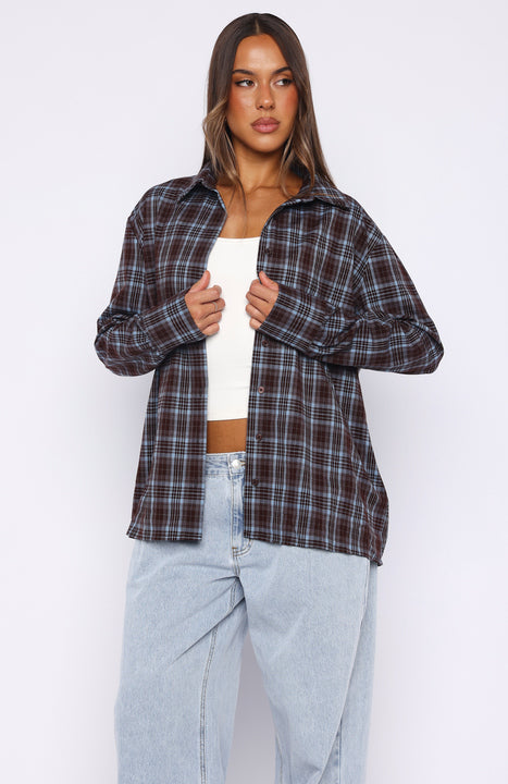 White Fox Might Be Time Button Up Shirt Blue/Chocolate