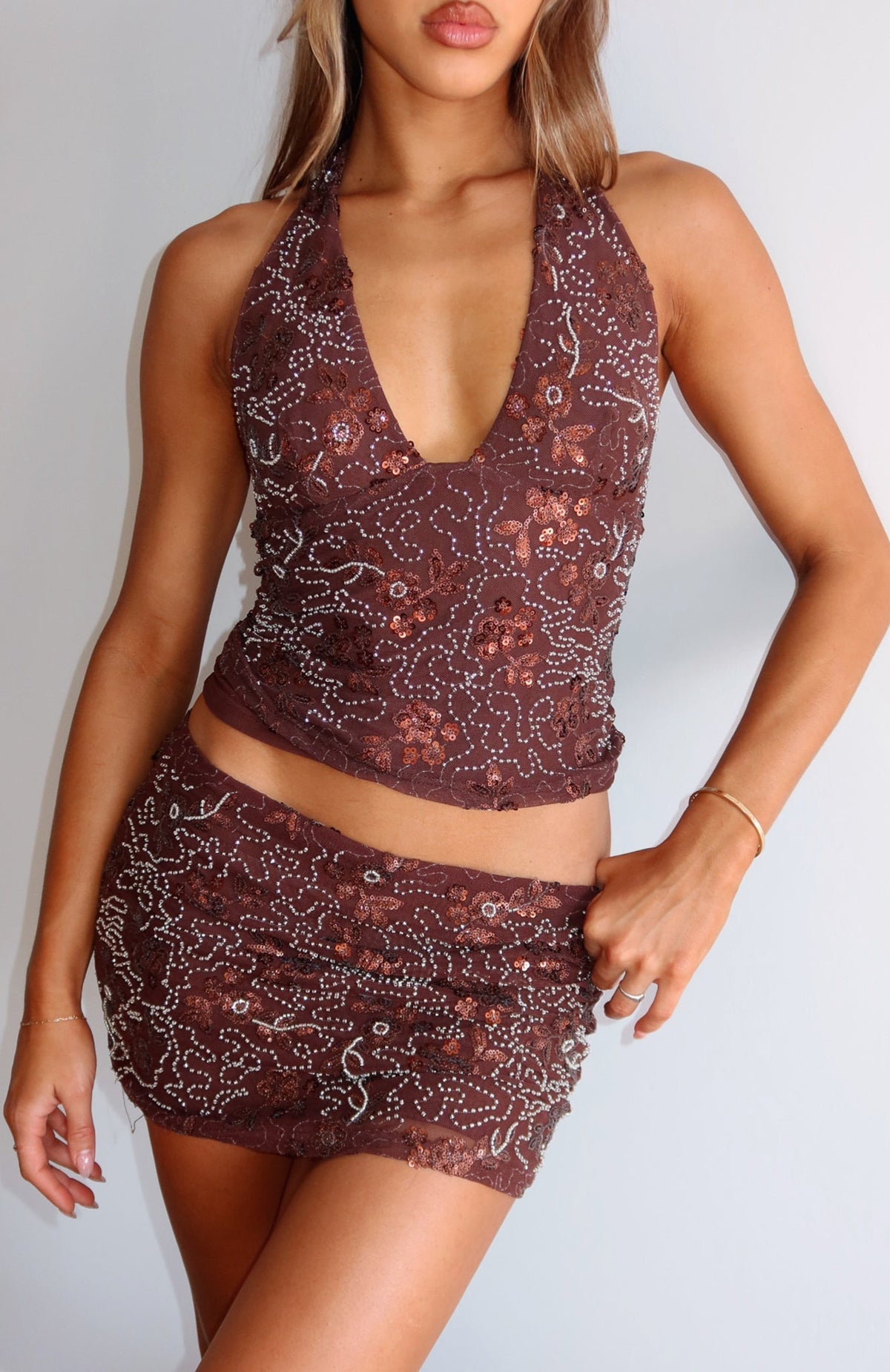 White Fox Capri Cove Beaded Mini Skirt Chocolate