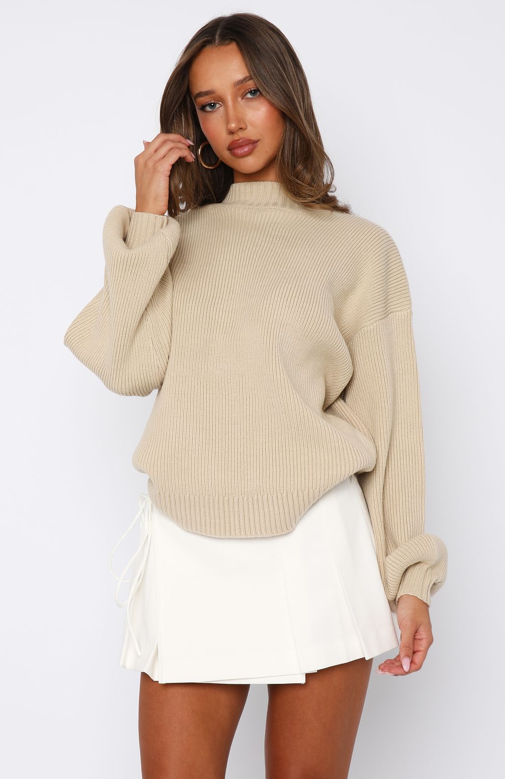 White Fox Keep It Classic Knit Sweater Beige