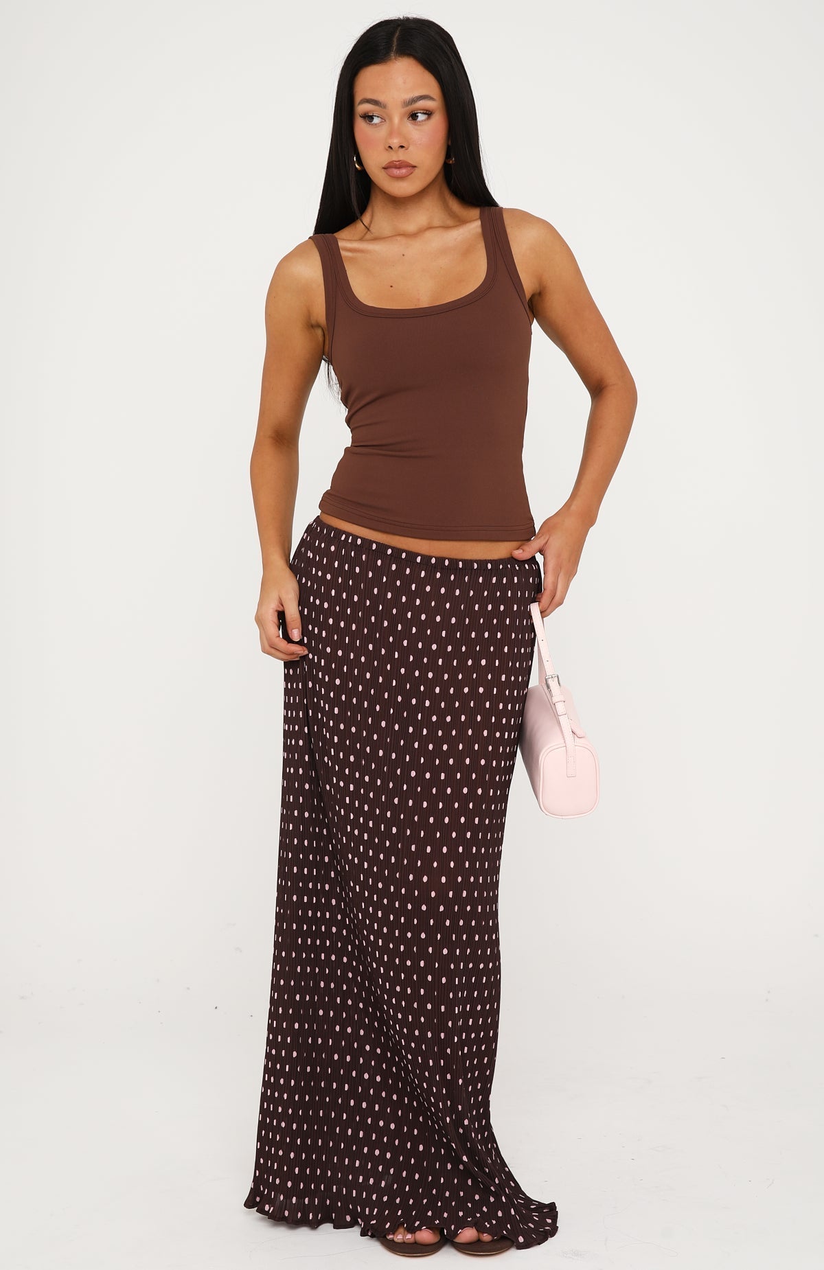 White Fox Flow State Maxi Skirt Choc/Pink Polka Dot