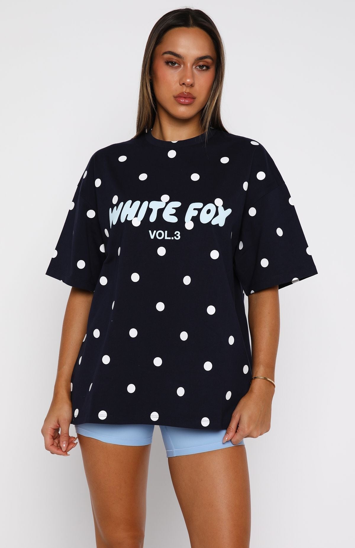 White Fox Offstage Printed Oversized Tee Navy Polka Dot