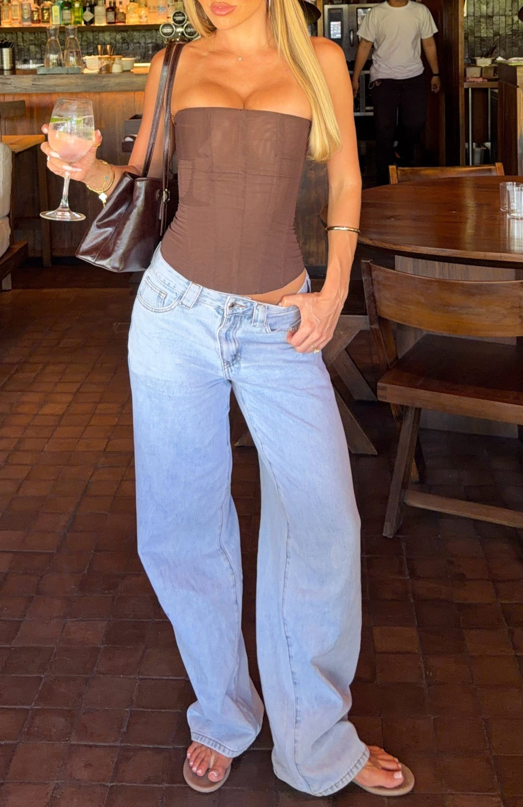 White Fox Clarissa Low Rise Wide Leg Jeans Mid Blue