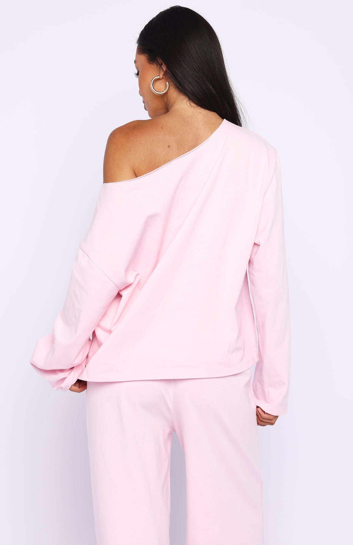 White Fox All A Dream Off Shoulder Oversized Long Sleeve Tee Pink