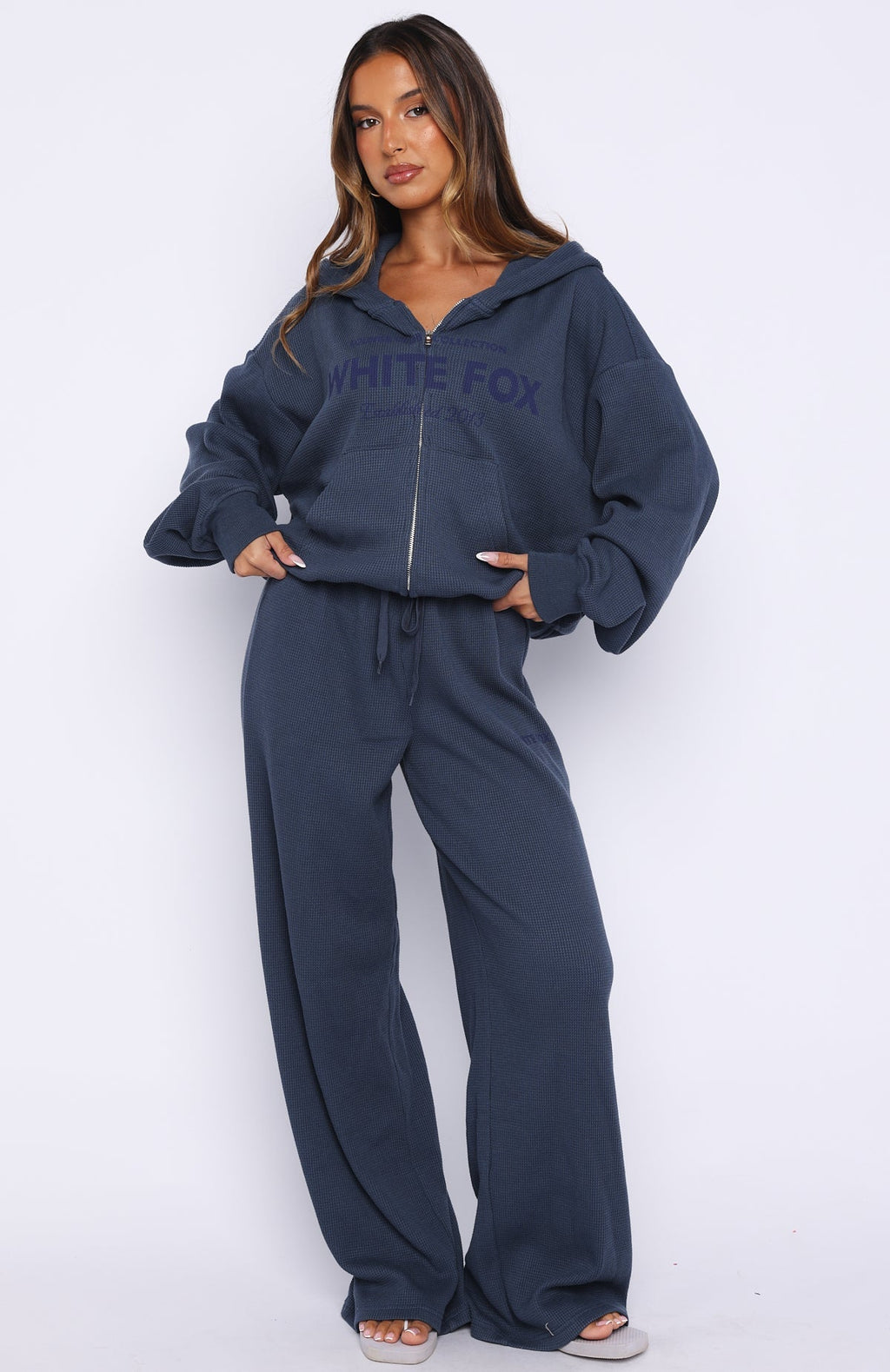White Fox Leave Me Out Of It Waffle Boxy Zip Front Hoodie Navy