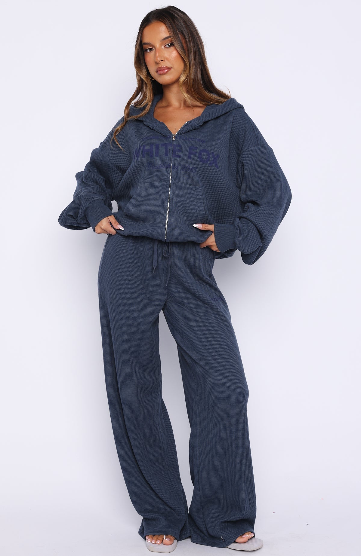 White Fox Leave Me Out Of It Waffle Boxy Zip Front Hoodie Navy